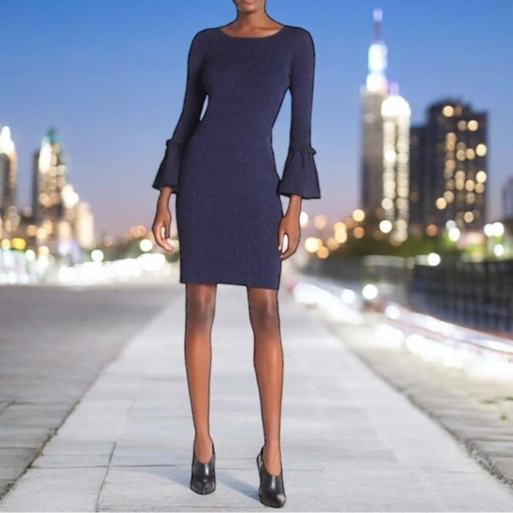 Navy Blend Classic Nina Leonard Sweater Dress with‎ Flare Sleeves NWOT